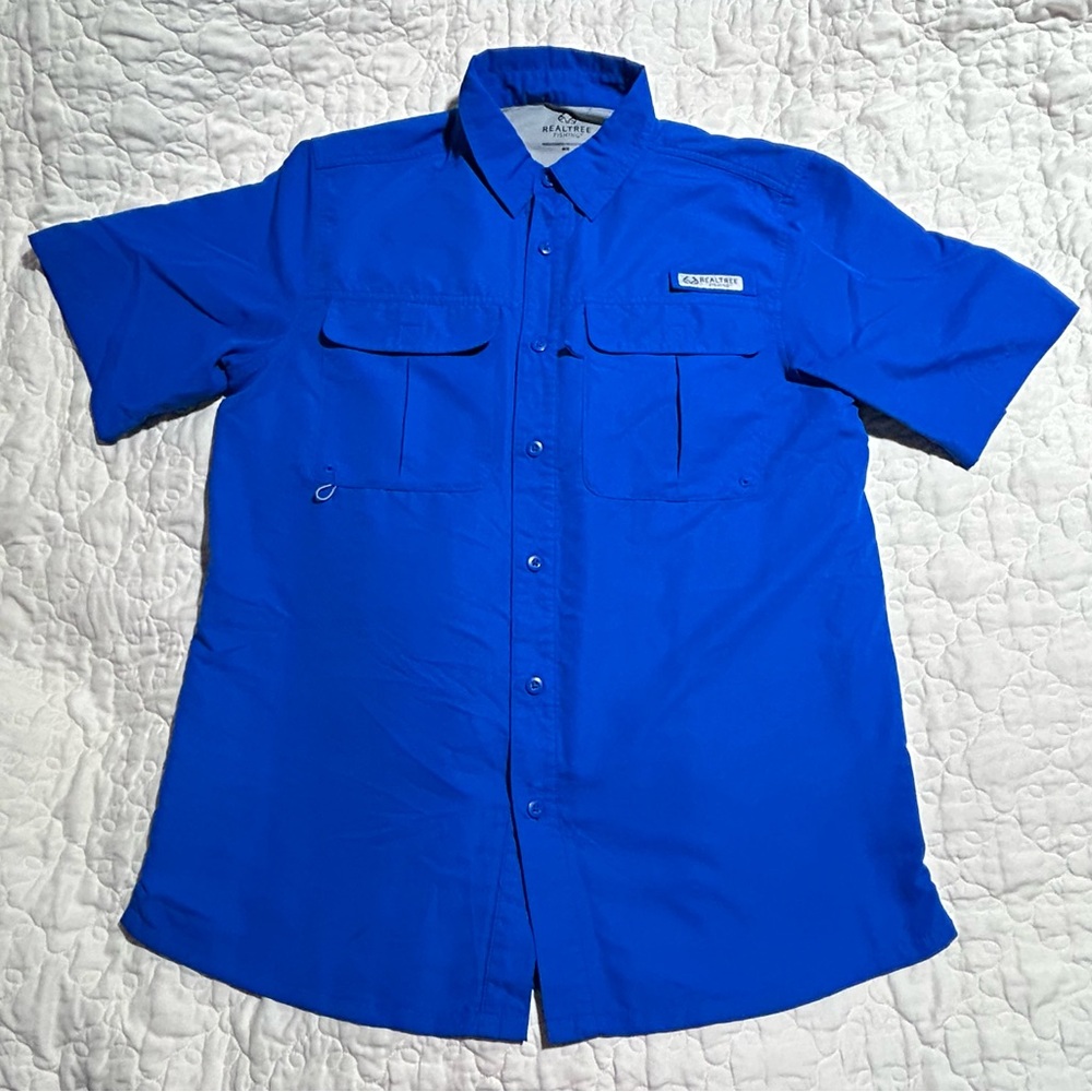Realtree Fishing Shirt Mens Medium Blue Vented Cape Back Short Sleeve